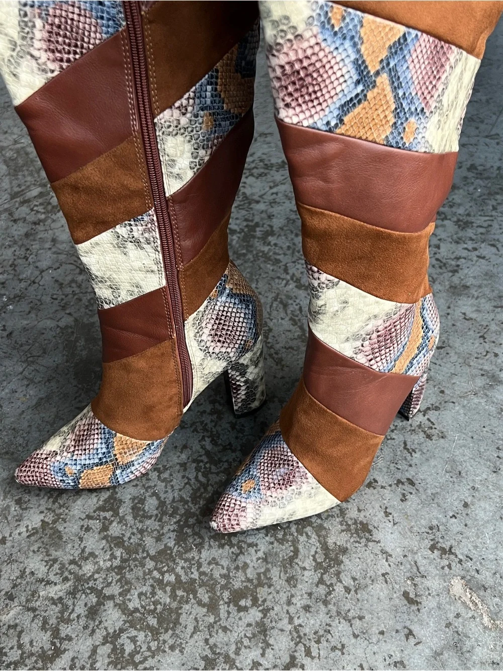 Knee High Patchwork Snake Print Brown Faux Leather Heeled Boots Women’s 7.5